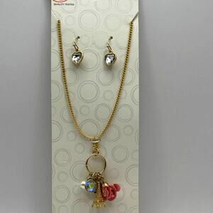 Wonder Nation Eiffel Tower & Pink Flower Pendant w/ Heart Drop Earrings Set NEW